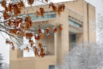 Snow falls near the Herbert F. Johnson Museum of Art.